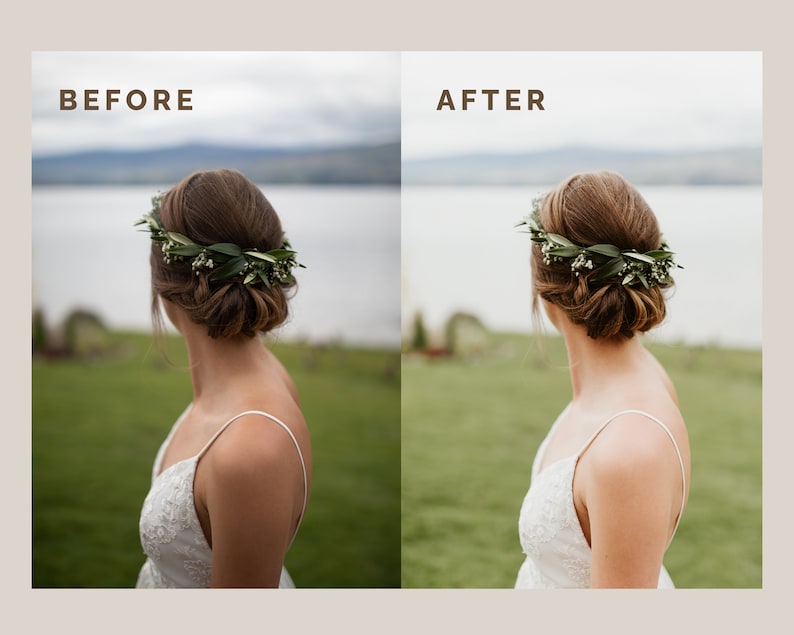 Pode incluir: Compara&ccedil;&atilde;o de imagens com os textos "ANTES" e "DEPOIS". A imagem "ANTES" mostra uma mulher em um vestido branco com uma coroa de flores. A imagem "DEPOIS" mostra a mesma mulher com cores aprimoradas. Ambas as imagens em um fundo externo desfocado.