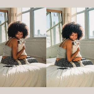 Peut inclure: Une femme aux cheveux boucl&eacute;s fonc&eacute;s est assise sur un lit avec un chien blanc dans ses bras. Elle porte un d&eacute;bardeur gris et un pantalon &agrave; motifs noir et blanc. La pi&egrave;ce est lumineuse et ensoleill&eacute;e avec une grande fen&ecirc;tre en arri&egrave;re-plan.