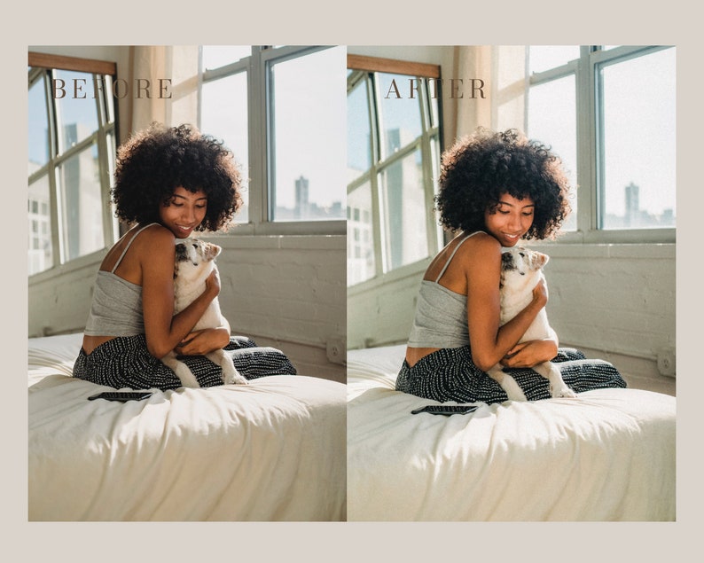 Peut inclure: Une femme aux cheveux boucl&eacute;s fonc&eacute;s est assise sur un lit avec un chien blanc dans ses bras. Elle porte un d&eacute;bardeur gris et un pantalon &agrave; motifs noir et blanc. La pi&egrave;ce est lumineuse et ensoleill&eacute;e avec une grande fen&ecirc;tre en arri&egrave;re-plan.