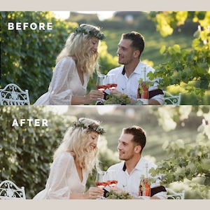 Pode incluir: Compara&ccedil;&atilde;o de imagens com os textos "ANTES" e "DEPOIS". A imagem "ANTES" mostra um casal em uma mesa com ta&ccedil;as de vinho e uma garrafa. A imagem "DEPOIS" mostra o mesmo casal, com os mesmos itens, mas com uma apar&ecirc;ncia mais brilhante e vibrante.