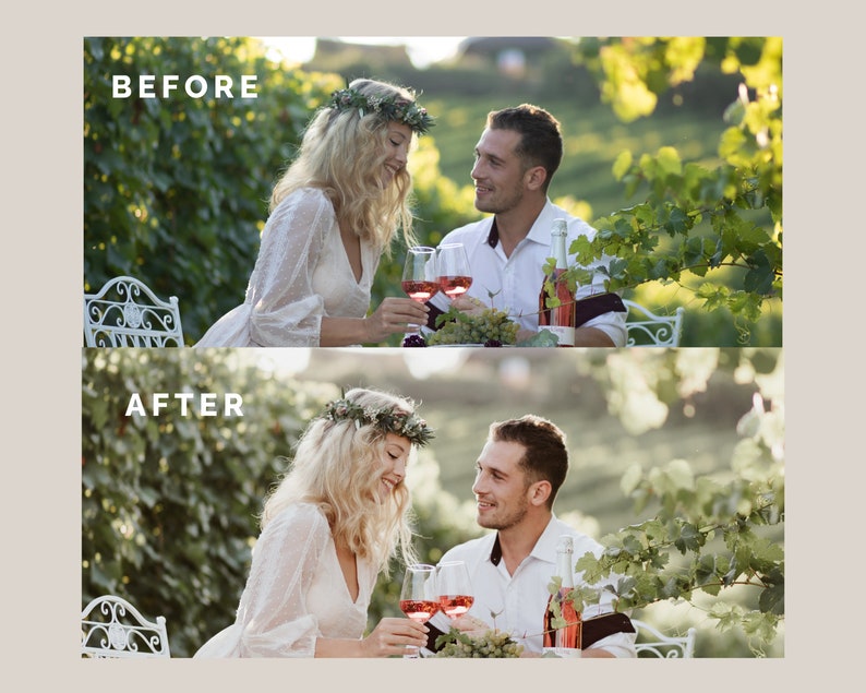 Pode incluir: Compara&ccedil;&atilde;o de imagens com os textos "ANTES" e "DEPOIS". A imagem "ANTES" mostra um casal em uma mesa com ta&ccedil;as de vinho e uma garrafa. A imagem "DEPOIS" mostra o mesmo casal, com os mesmos itens, mas com uma apar&ecirc;ncia mais brilhante e vibrante.
