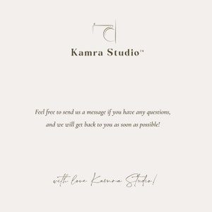 Pode incluir: Gr&aacute;fico creme com o texto "Kamra Studio" e um &iacute;cone de c&acirc;mera. O texto "Sinta-se &agrave; vontade para nos enviar uma mensagem se tiver alguma d&uacute;vida, e entraremos em contato o mais breve poss&iacute;vel!" tamb&eacute;m est&aacute; presente. A imagem conclui com "with love Kamra Studio!"