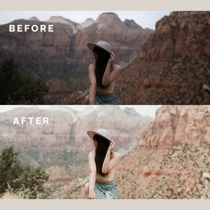 Pode incluir: Compara&ccedil;&atilde;o de imagens com os textos "ANTES" e "DEPOIS" sobrepostos. A foto "ANTES" apresenta cores apagadas, enquanto a foto "DEPOIS" mostra cores mais vivas e brilho aprimorado, em uma paisagem montanhosa.