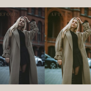 Peut inclure: Une femme portant un long manteau beige avec un pull &agrave; col roul&eacute; noir et une jupe noire. Elle se tient dans un environnement urbain avec des b&acirc;timents en briques en arri&egrave;re-plan.