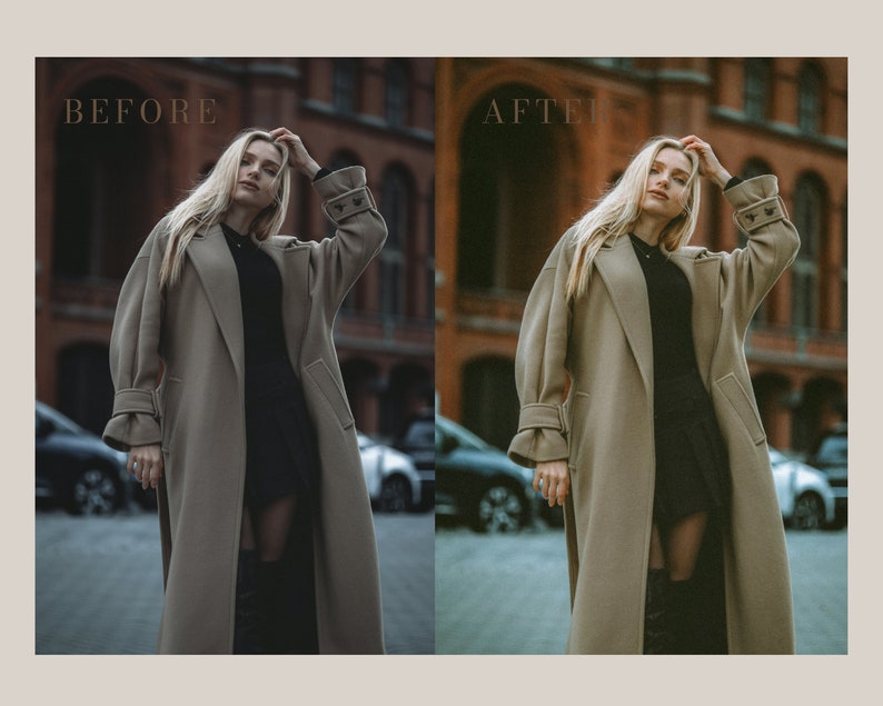 Peut inclure: Une femme portant un long manteau beige avec un pull &agrave; col roul&eacute; noir et une jupe noire. Elle se tient dans un environnement urbain avec des b&acirc;timents en briques en arri&egrave;re-plan.