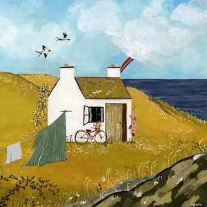 Coastal Dweller | 8x8” print | cozy summer art | cottage core art | bicycle art | cozy illustration
