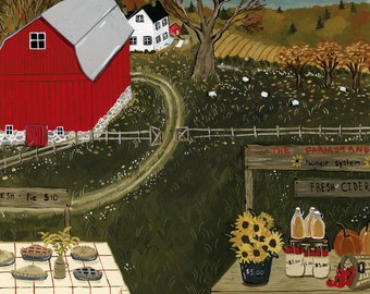 Puede incluir: Un granero rojo con un techo blanco y una casa blanca con un techo rojo en el fondo. En primer plano, un puesto de granja con un letrero que dice "The Farmstand, Honor System, Fresh Cider". Hay calabazas, manzanas y otros productos de otoño en el puesto. Hay una mesa con tartas en primer plano.