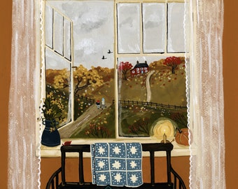 May include: A painting of a window with white lace curtains, looking out onto a fall scene with a small red house in the distance. A wooden bench with a blue and white quilt sits in front of the window.