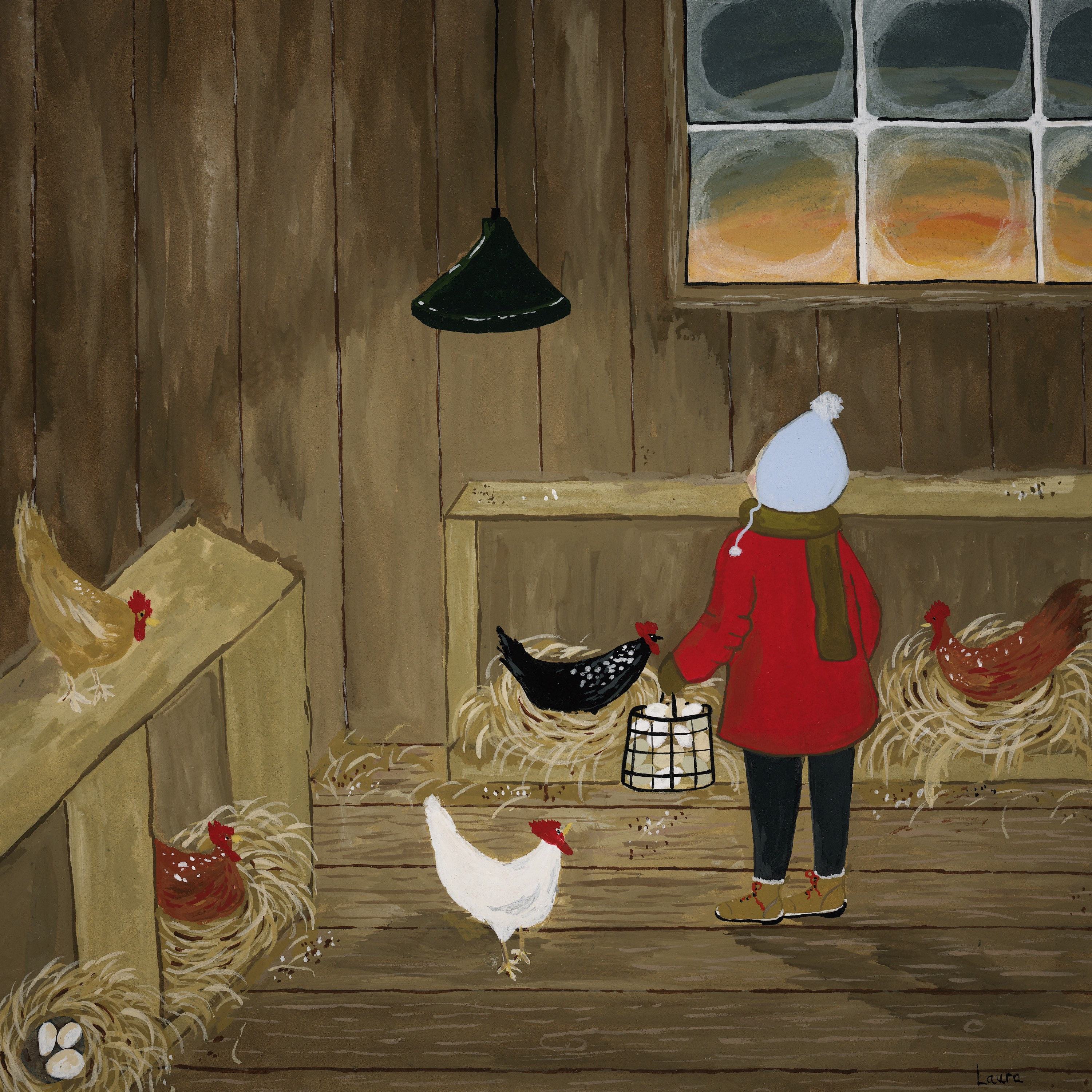 Ochtendklusjes | 8 x 8" afdrukken | kippenkunstwerk | kinderillustratie | boerderij illustratie