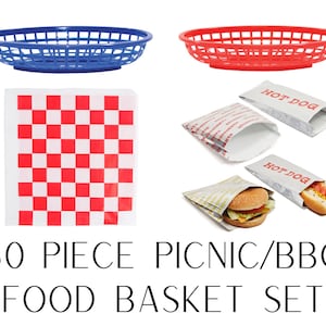 May include: A 60-piece picnic/BBQ food basket set. Includes a blue and a red plastic basket, red and white checkered paper, and paper food bags with "HOT DOG" printed on them. One bag holds a hamburger, and another holds a hot dog.