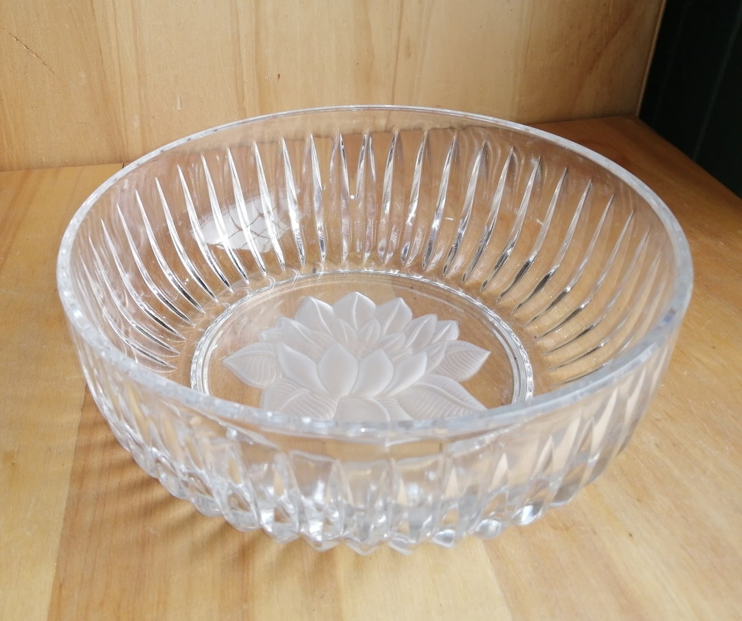 Vintage Lead Crystal Salad Bowl Frosted Lotus Flower Pattern 8 Inches