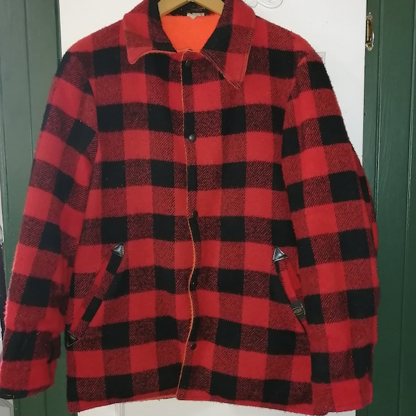 Vintage Thermo-King Manteau de chasse en laine plaid rouge et noir - Réversible en polar orange