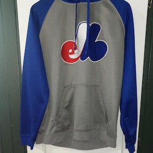 Puede incluir: Sudadera con capucha gris con mangas y capucha azules. Presenta un gran logotipo en el pecho con detalles en rojo, blanco y azul. Incluye un bolsillo delantero y un cordón. Una prenda informal de estilo deportivo.
