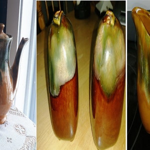 May include: Set of brown and green glazed ceramic kitchenware, including a teapot, creamer, sugar bowl, and two vases.