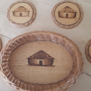 Wicker and wood basket with 4 under glass.