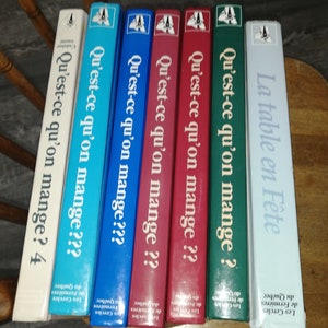 Peut inclure: Six livres de cuisine colorés avec le titre "Qu'est-ce qu'on mange?" en français. Les livres sont disposés en rangée sur une surface en bois. Les titres des livres sont "Qu'est-ce qu'on mange? 4", "Qu'est-ce qu'on mange??", "Qu'est-ce qu'on mange??", "Qu'est-ce qu'on mange?!", "Qu'est-ce qu'on mange?" et "La table en Fête".