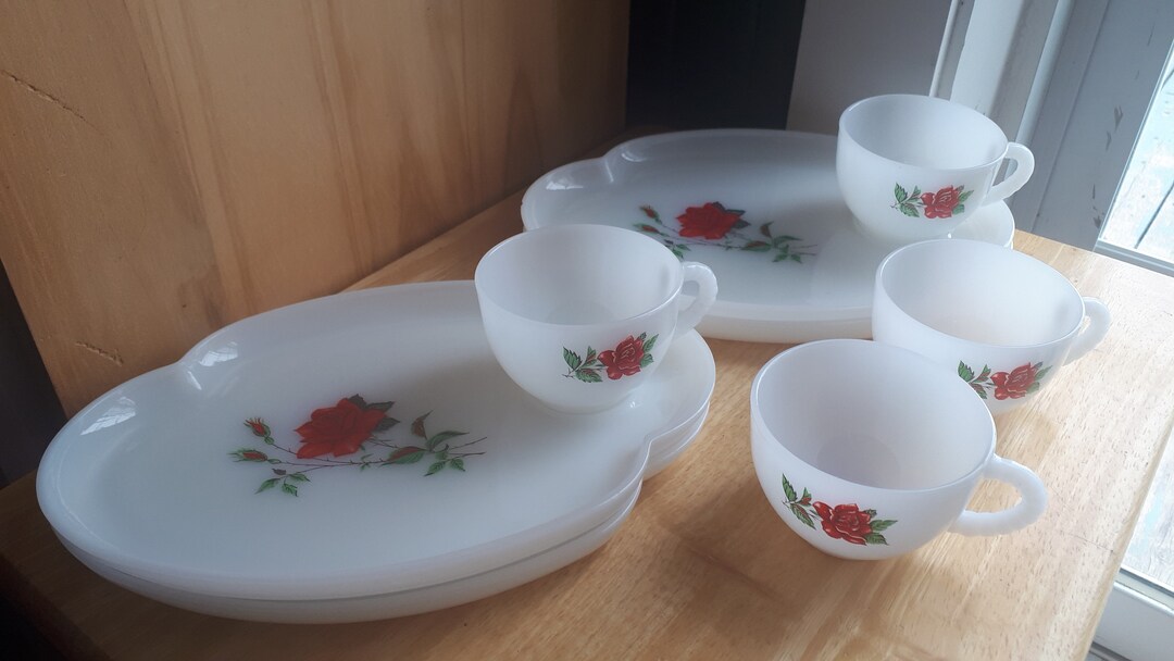 Vintage Rosecrest Federal Snack Set Rose Rouge Milk Glass Color - Etsy ...