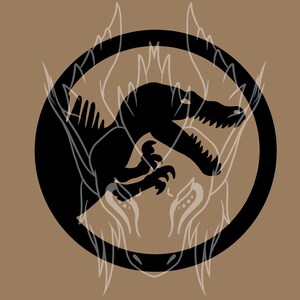 Könnte beinhalten: Schwarze Silhouette eines Dinosauriers mit scharfen Zähnen in einem Kreis, mit einer weißen Umrandung eines Dinosauriers dahinter.