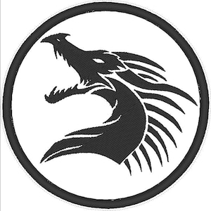 May include: Black and white illustration of a dragon's head in a circle. The dragon is facing right and has a sharp, pointed snout and a long, flowing mane.