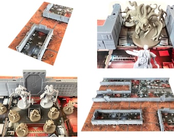 May include: Four different views of a set of grey plastic modular walls for use in tabletop games. The walls are designed to create a variety of different layouts and can be used to create a variety of different environments. The walls are shown in different configurations, including a hallway, a doorway, and a corner.