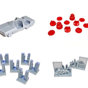 Könnte beinhalten: Ein Set aus 3D-gedruckten Miniaturmodellen für Tabletop-Spiele. Das Set enthält ein Auto, eine Sammlung roter Sockel, einen Satz zerstörter Mauern und einen Satz zerstörter Gebäude.