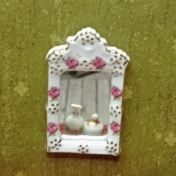 Porcellana Reutter, specchio da parete romantico, bianco, design con rose dorate, miniatura di casa delle bambole vintage 1:12, Raro!