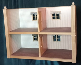 Bodo Hennig 2 double room boxes! Stackable! Short curtains on Windows, wooden doors, vintage German dollhouse rooms, 1:10/12, very Rare!