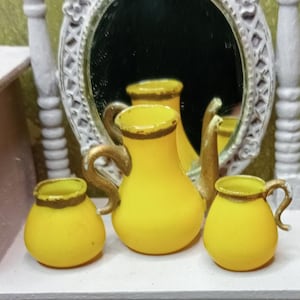 Antique set of yellow coffee, milk pot + sugar sugar bowl Hand made/blown Vintage mcm German artisan Miniatures dollhouse 1:12 Very Rare!