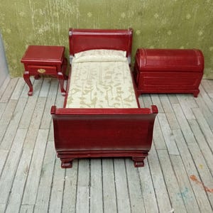 Dollhouse Mahogany bedroom set, chest, bed, table vintage wooden furniture miniatures, 1:12