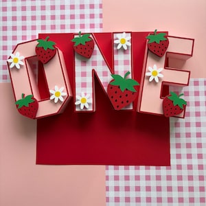 Berry First Birthday, Strawberry Birthday Decor, Strawberry Themed 3D Cardstock Letters, Strawberries and Daisy&#39;s, Birthday Cardstock Letter