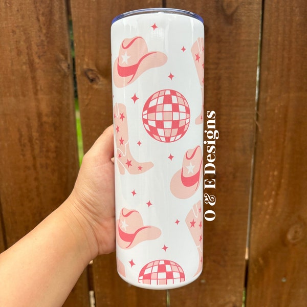 Pink Western 20 oz Skinny Tumbler, Western Tumbler, Cowgirl boots, Pink Disco Ball, Girly Tumblers, Drinkware, Sublimation Tumblers, Gifts