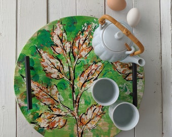 Green Garden 15" Hand Painted Wooden Serving Tray Round and Wall Art