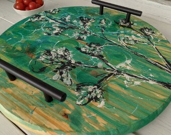 Turquoise Jungle - Wooden Serving Tray with Antique Bronze Handles - 15"