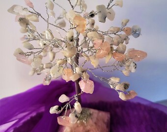 June Birthday Crystal Tree of Life- Moonstone, Rose Quartz, Orgonite Base, Hand Made, Exceptional Quality Chakra Meditation Crystal Tree
