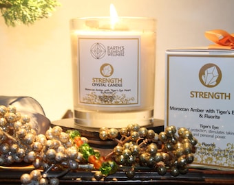 Tiger’s Eye and Fluorite Crystal Candle | Moroccan Amber Soy Wax | Healing Strength & Protection Gift