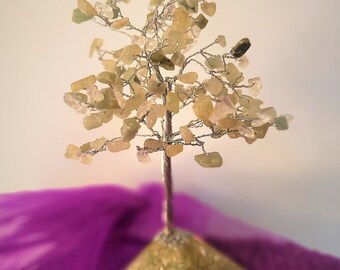 May Birthday Crystal Tree of Life- Gemstone Tree  Green Aventurine and Clear Quartz- Custom Orgonite Base Like no other - 8&quot; high