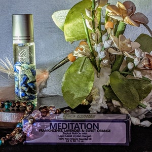 Essential Oils-Meditation! Essential Oils Lavender, Frankincense, Sweet Orange and Jojoba/Crystal Infused/Lapis Lazuli/Roll On