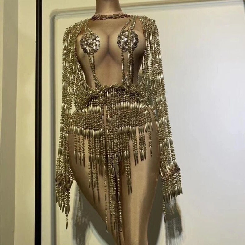 Rhinestone Bodysuit Fringe Dress Sleeves Tassel Skirt Cowgirl Crystal Jumpsuit Costume Rhinestone Gold DragQueen, Festival outfit Showgirls 