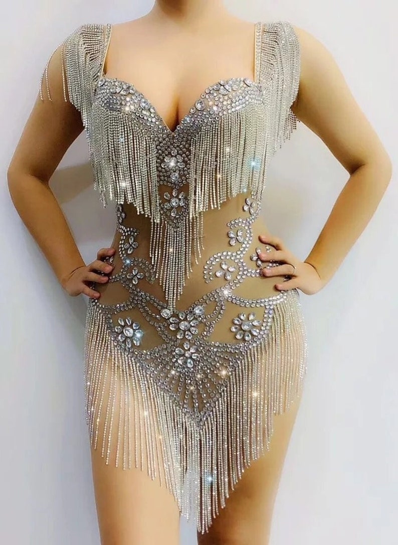 Rhinestone Dress Bodysuit with Fringe Sequin Dress Tassel Burlesque Cowgirl Crystal Jumpsuit DragQueen Costume Bride Bachelorette Prom Dress 