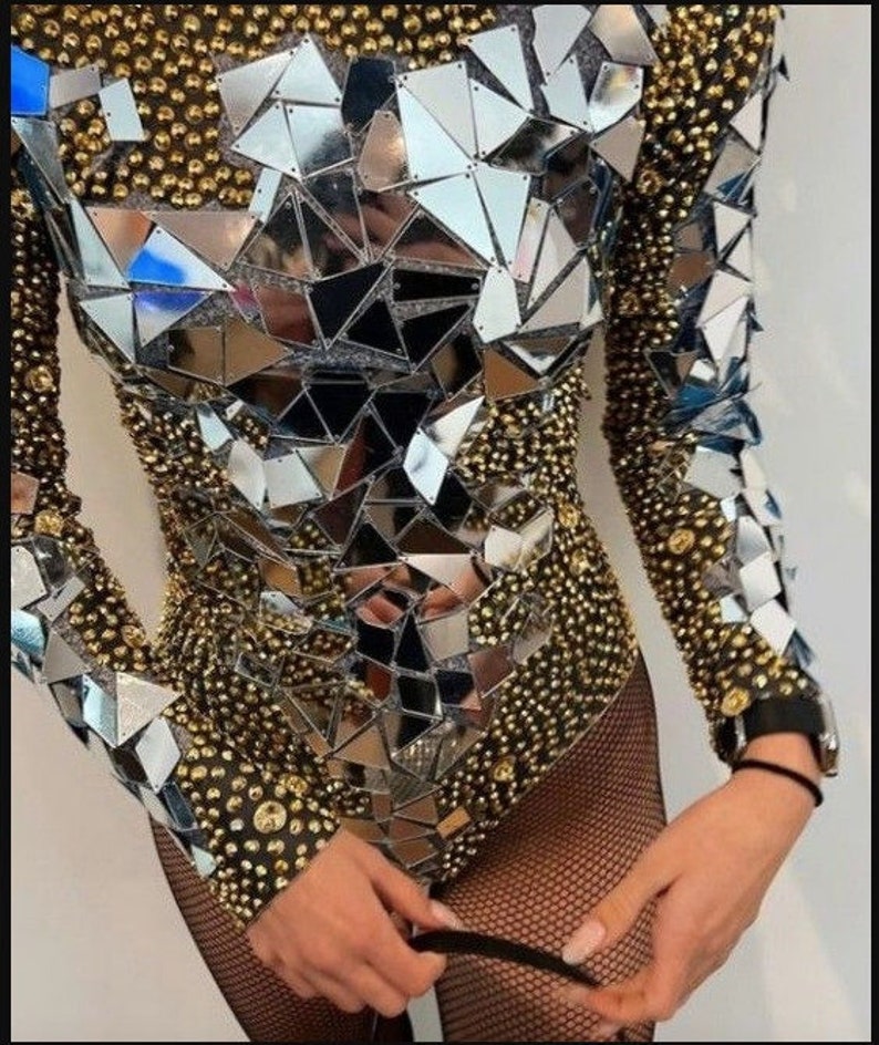 Mirror Rhinestone Bodysuit Jumpsuit Sequin Futuristic Rhinestone Cowgirl Crystal Disco Halloween Costume Drag Festival Birthday Party outfit 