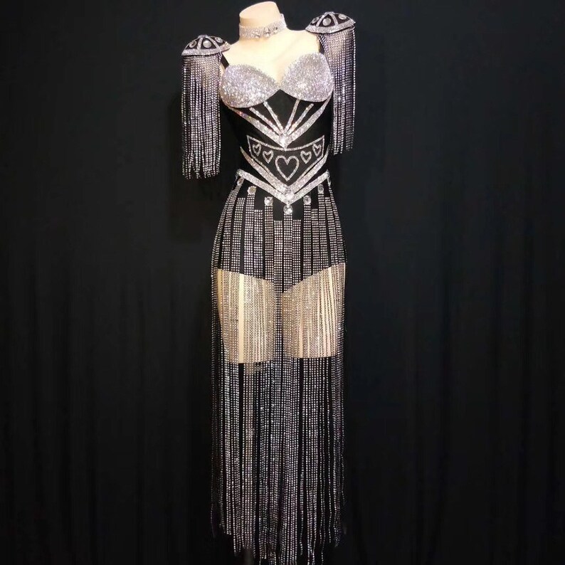 Rhinestone Bodysuit Fringe Dress Sleeves Tassel Skirt Country Etsy