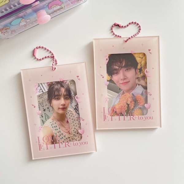 Acrylic Photocard Holder Keychain | Love Letter kpop pc holder - pink beige heart envelope, cute kpop gift accessory, card holder display