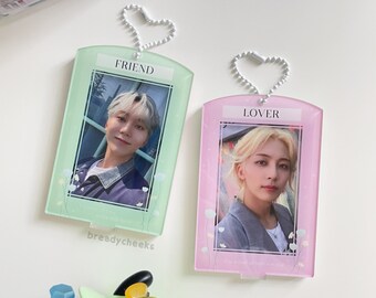 Acrylic Photocard Holder Stand | Friend Lover kpop pc holder keychain, double sided cute kpop gift accessory [B/C-grade]