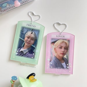 Acrylic Photocard Holder Stand | Friend Lover kpop pc holder keychain, double sided cute kpop gift accessory [B/C-grade]