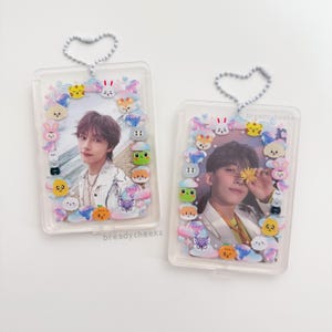 Kpop Acrylic Photocard Holder | diamond cloud clear pc holder keychain standee, double sided cute pink purple gift