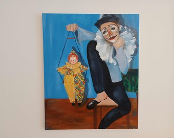 original painting,thematic painting,tired clown,antique french toy,blue card,cute painting,home decoration,interior decor