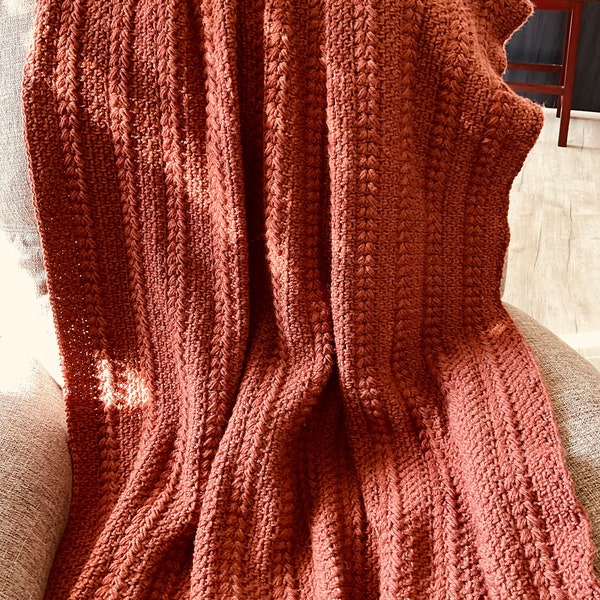 Rustic Twin Crochet Afghan/Blanket, Heathered Burnished Copper Color, Acrylic Merino Wool Blend