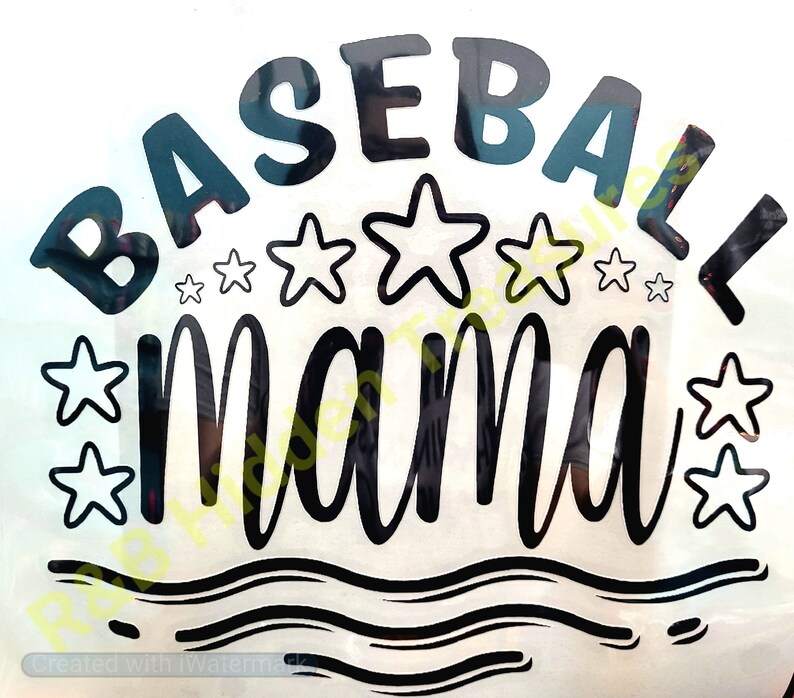May include: Black and white vinyl decal with the text "Baseball Mama" in a cursive font. The text is surrounded by five white stars.