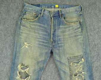 32x27.5 Vintage Levi&#39;s 501 Rusty Ripped Denim Red Tab Faded  Button Fly Denim Grunge Style Vintage Denim Unisex Jeans