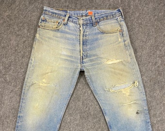 31x32 Ripped vintage Levi's 501 Jeans Dirty Blue Denim Red Tab Faded Denim Grunge Style vintage Denim Unisex Jeans